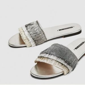 Zara Woman Silver Fringe Flat Sandals NWT Sz.6